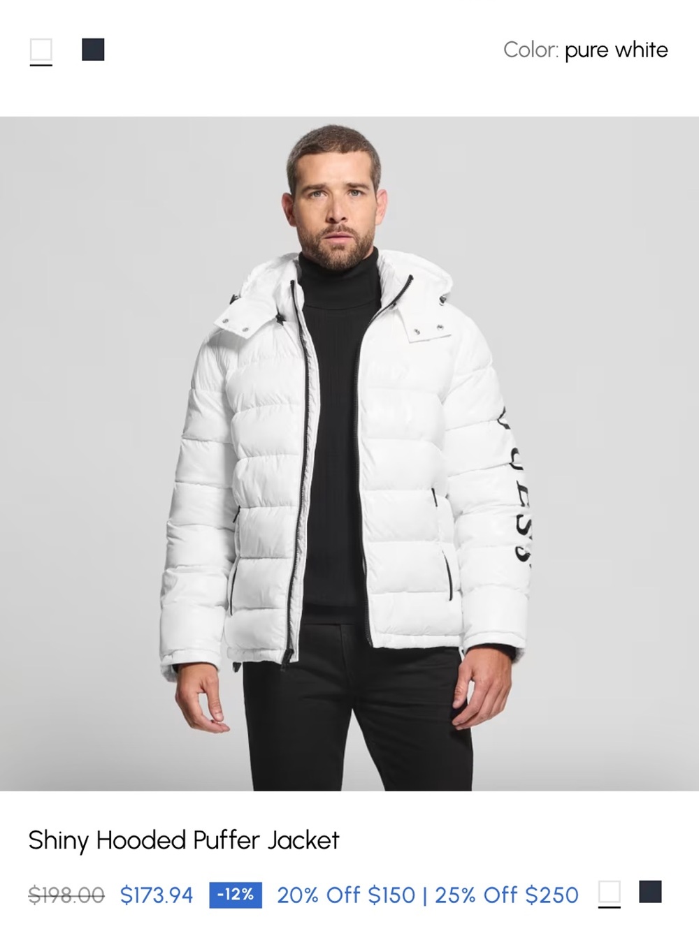 Guess White Hooded Quilted Puffer Jacket with Sleeve Logo
